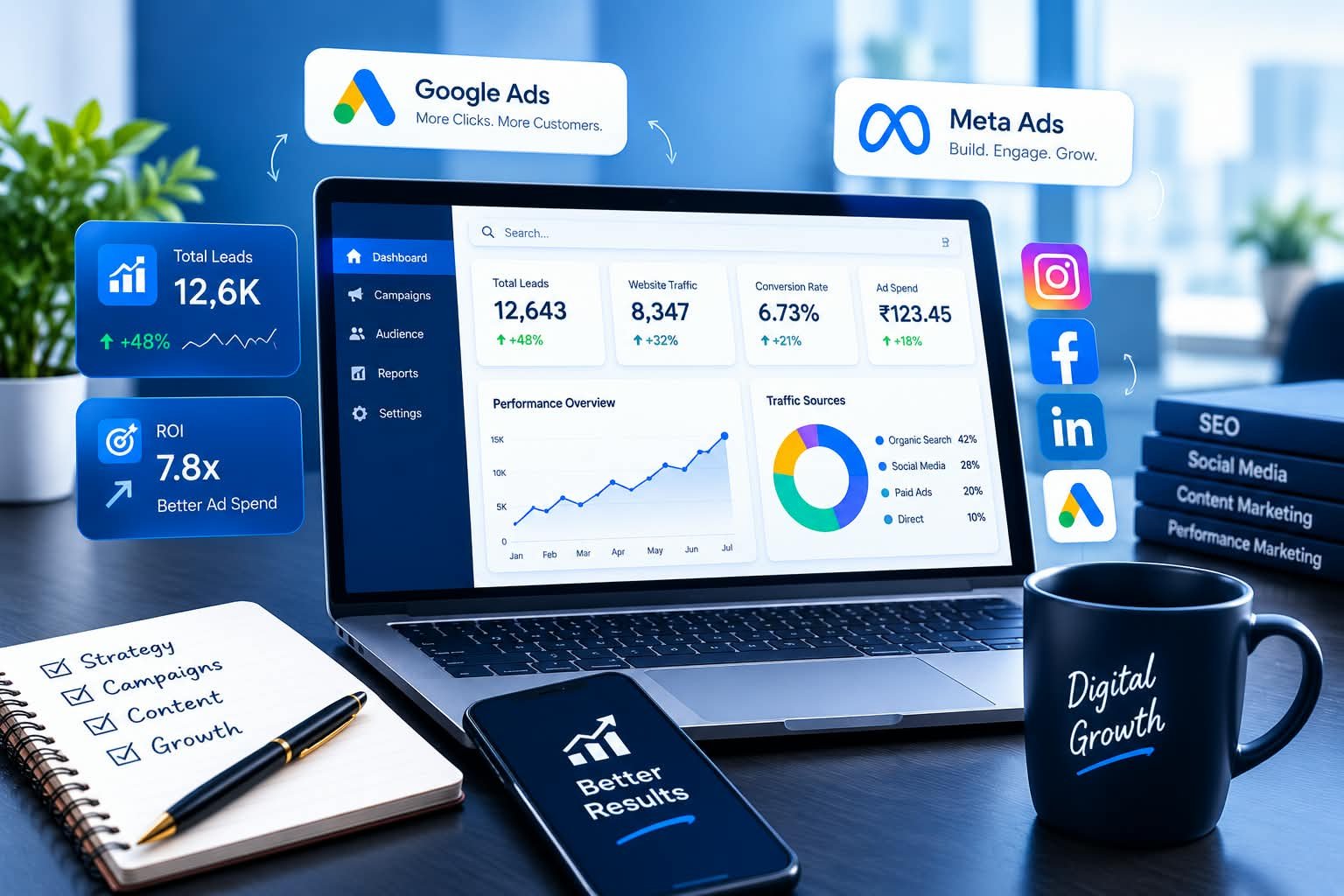 Digital marketing dashboard showing Google Ads, Meta Ads, website traffic, leads, ROI, and social media performance